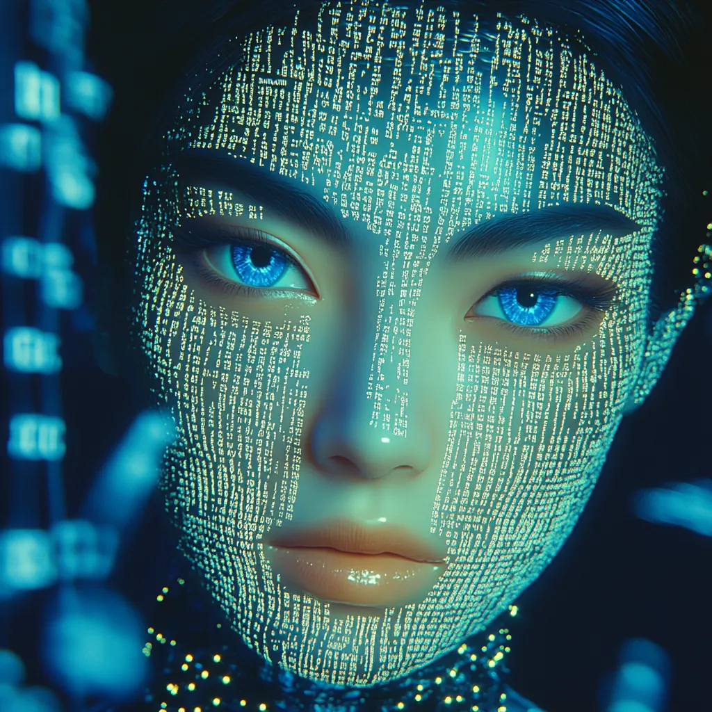Primer plano del rostro de una mujer cubierto por líneas de texto digital y código binario en tonos verdes y azules, con ojos azules brillantes, sobre un fondo oscuro con luces azules.