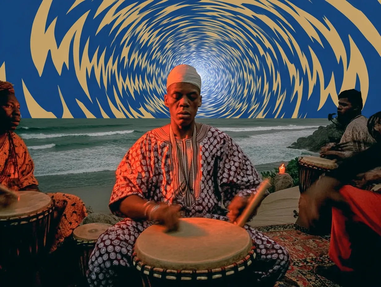 Hombre con gorro blanco toca un tambor djembe en una playa, con un patrón espiral hipnótico azul y dorado de fondo y otras personas tocando tambores a los lados.