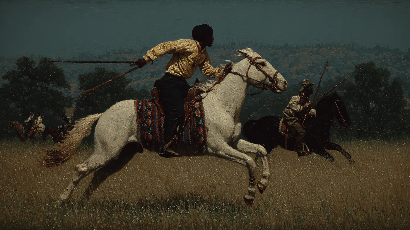 Hombre con camisa a rayas amarillas y rojas monta un caballo blanco al galope y sostiene una lanza en alto, con otros jinetes con lanzas al fondo en un campo abierto al atardecer.
