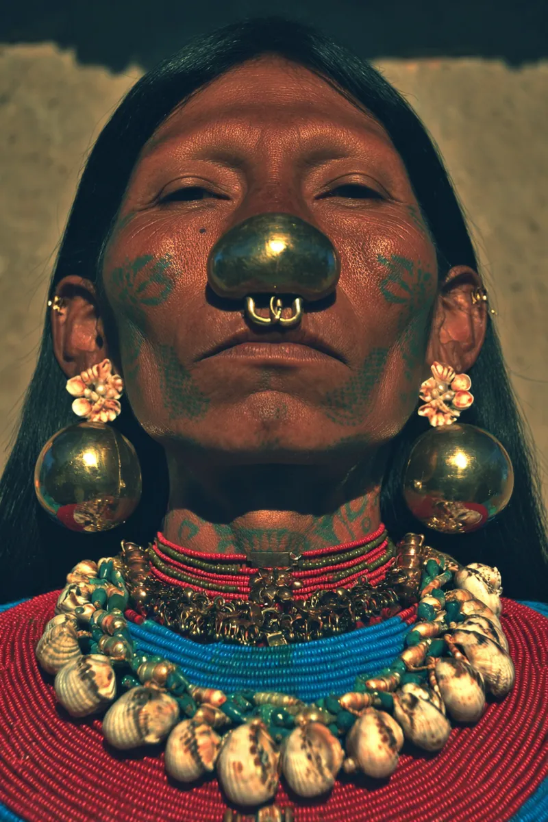 Retrato de una persona con un gran adorno dorado en forma de cono sobre la nariz, dos aros de nariz adicionales, grandes aretes dorados esféricos y un collar de cuentas rojas y azules con conchas, sobre fondo oscuro.