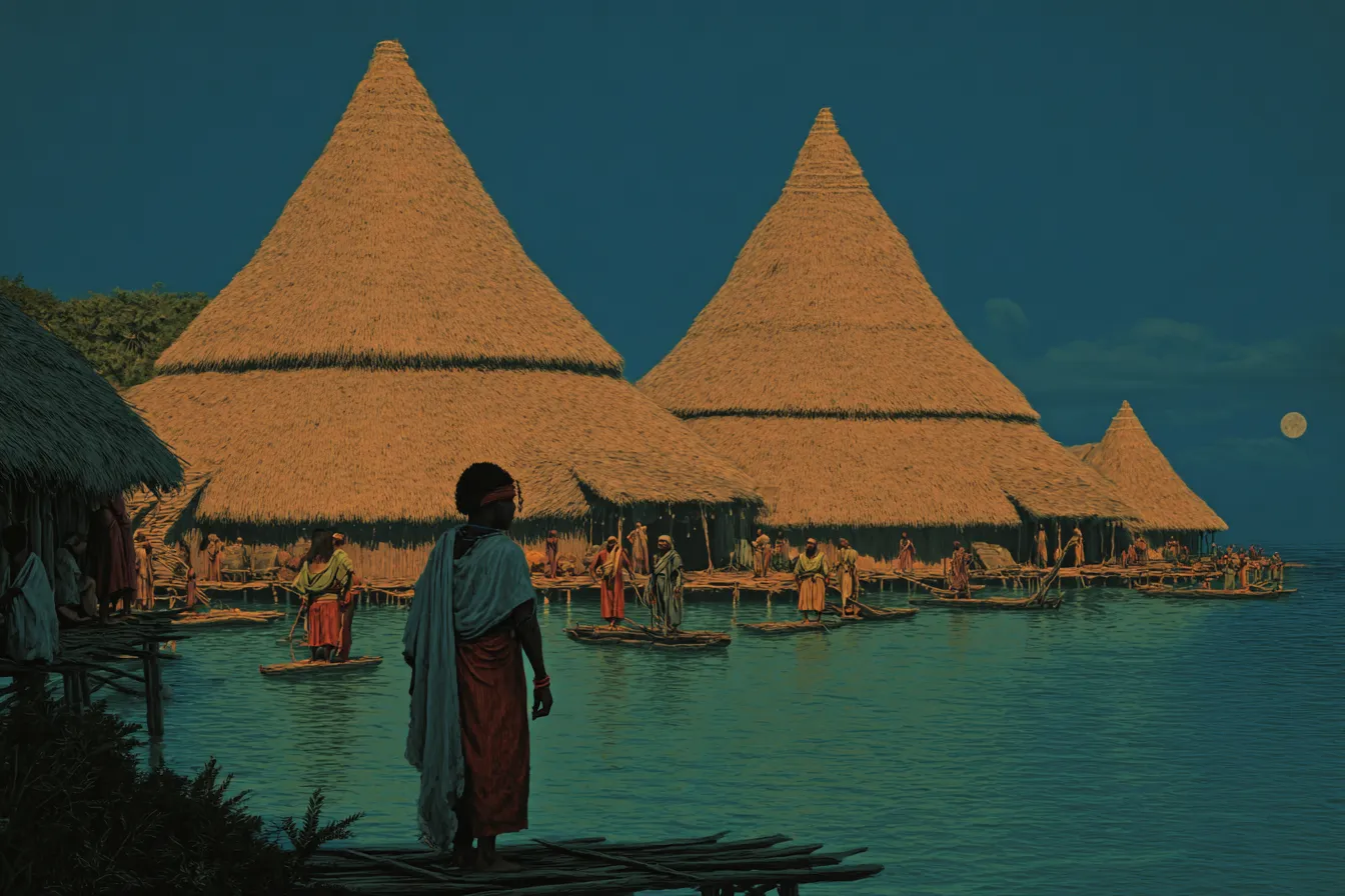 Escena de un poblado con grandes chozas de techo cónico de paja muy altas junto al agua, con una persona caminando en primer plano y varias personas reunidas cerca de las chozas, bajo un cielo azul verdoso al atardecer, en estilo de ilustración pictórica.
