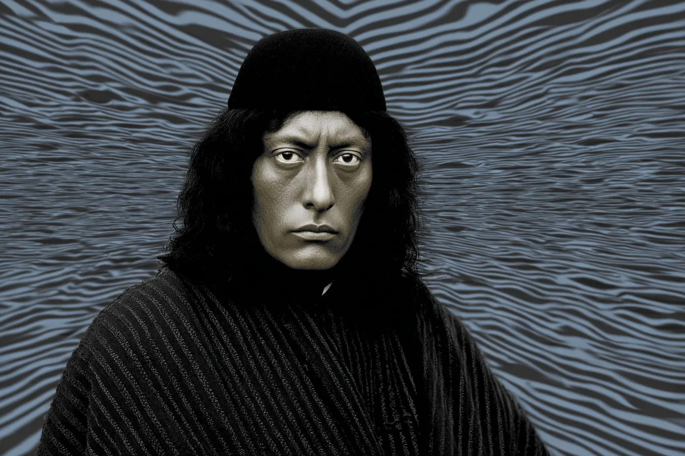 Retrato de un hombre de piel pálida con gorro y capa negros, cabello oscuro ondulado, mirada seria, sobre un fondo de líneas onduladas azules y negras.