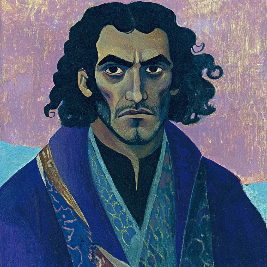 Retrato pintado de un hombre de cabello oscuro y rizado, cejas fruncidas, con una túnica azul y una bufanda con bordado dorado y azul sobre el hombro, frente a un fondo morado texturizado.