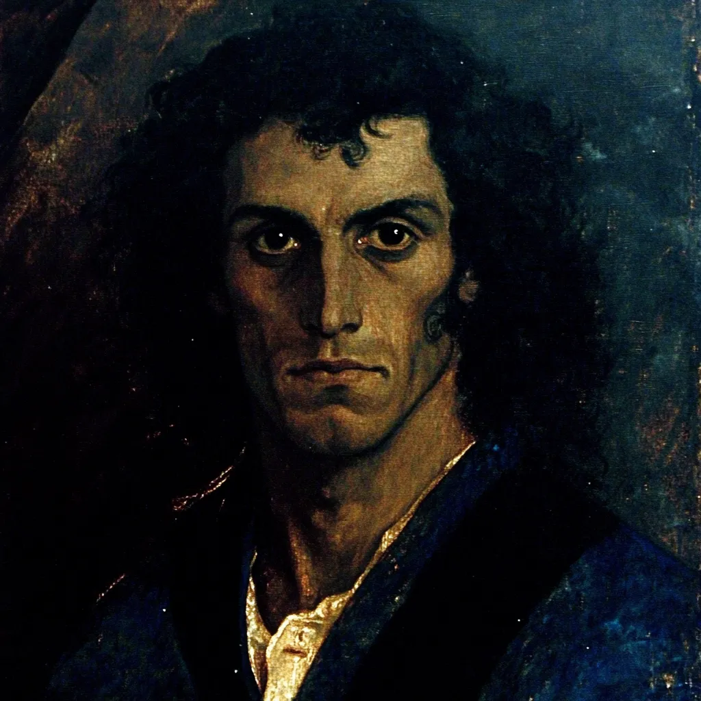 Retrato pintado al óleo de un hombre de cabello oscuro y rizado, mirada intensa, cuello de camisa blanca y abrigo oscuro, sobre un fondo oscuro con una mancha de luz cálida en la esquina superior izquierda.