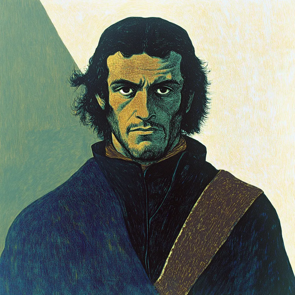 Retrato ilustrado de un hombre de cabello oscuro peinado hacia atrás, expresión seria, con un abrigo oscuro y una banda diagonal marrón cruzada al pecho, frente a una forma triangular verde sobre fondo claro.