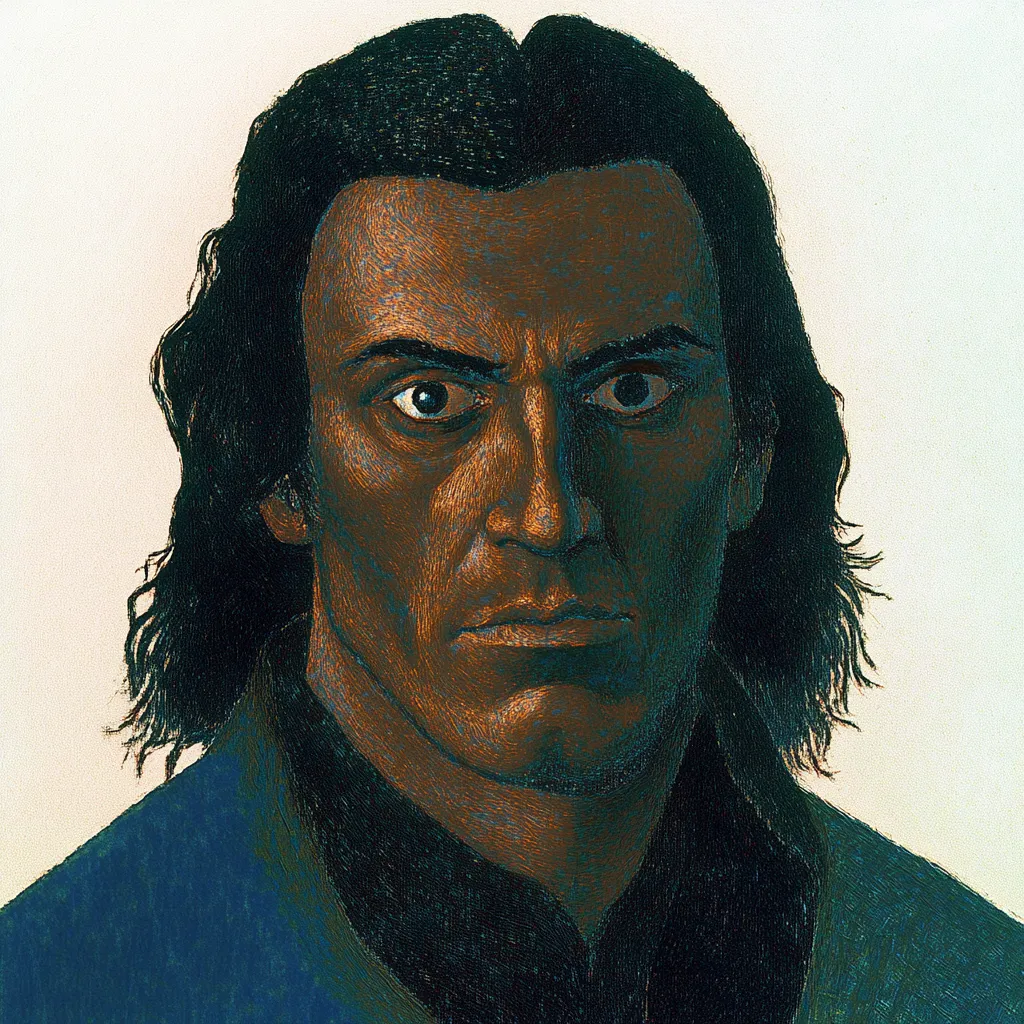 Retrato ilustrado de un hombre de cabello oscuro y ondulado, expresión seria, con abrigo azul y cuello negro, sobre un fondo liso color crema.