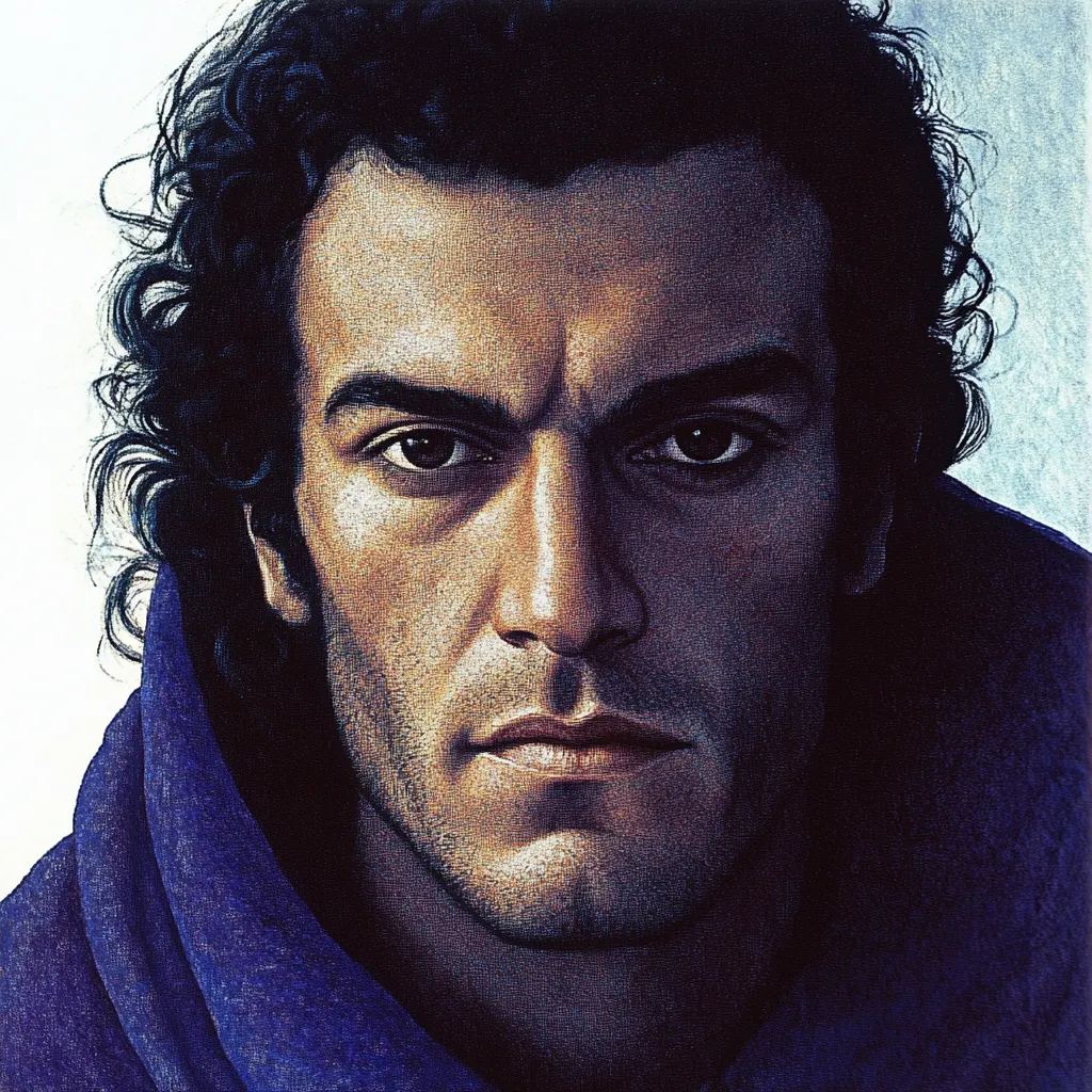 Retrato ilustrado de un hombre de cabello oscuro y rizado, mirada intensa, con abrigo morado y azul, sobre un fondo degradado azul pálido y blanco.