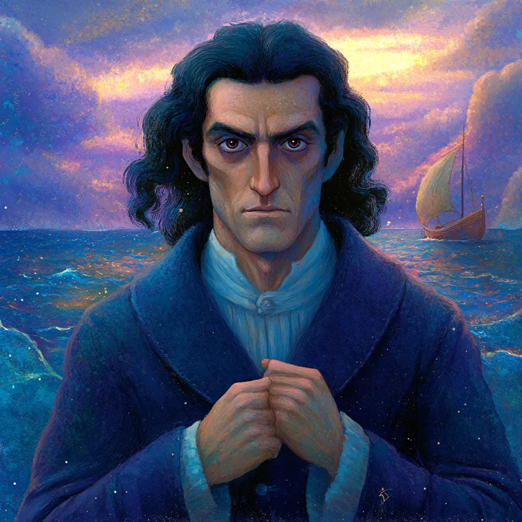 Retrato pintado de un hombre de cabello oscuro y ondulado con las manos entrelazadas frente al pecho, vestido con un abrigo azul y cuello blanco con volantes, frente a un mar y un cielo de atardecer dorado y morado con un velero a lo lejos.