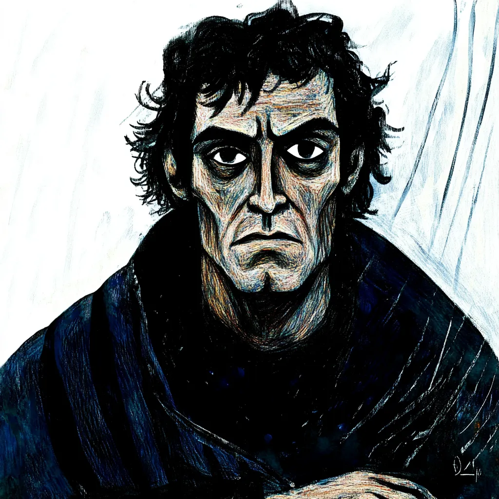 Retrato pintado con trazos expresivos de un hombre de cabello oscuro despeinado, ojos hundidos y rostro demacrado, envuelto en una capa oscura, sobre un fondo claro con pinceladas rugosas.