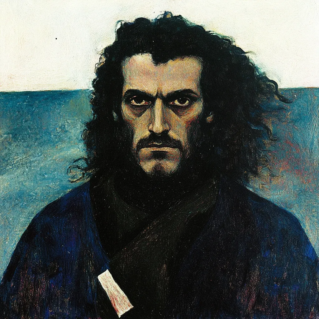 Retrato pintado de un hombre de cabello oscuro y rizado con barba incipiente, vestido con una túnica azul y un pequeño papel blanco asomando en el pecho, frente a un mar azul verdoso.