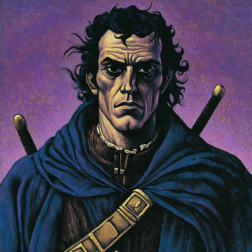 Retrato ilustrado de un hombre de cabello oscuro y rizado, expresión seria, con una capa oscura y una correa de cuero cruzada al pecho, y dos empuñaduras de espada asomando detrás de los hombros, sobre fondo morado.