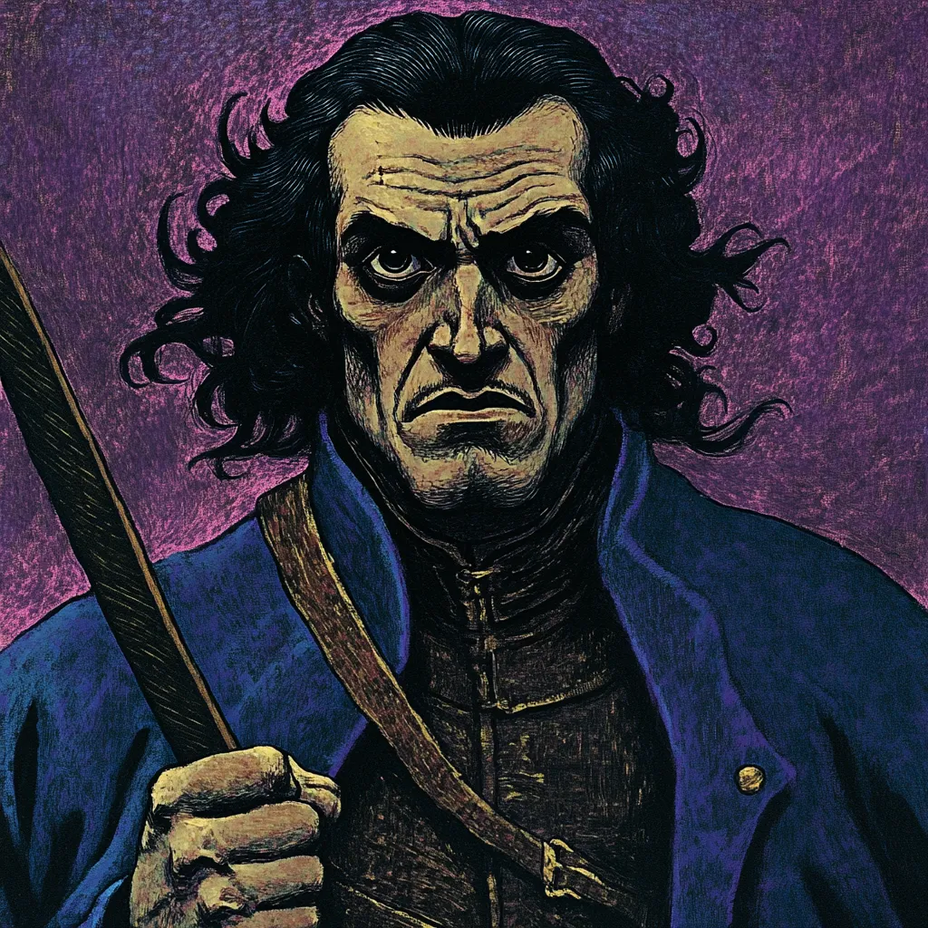 Retrato ilustrado de un hombre de cabello oscuro y rizado, expresión seria, con abrigo azul, una correa de cuero cruzada al pecho y un botón dorado, sosteniendo un palo de madera, sobre fondo morado.