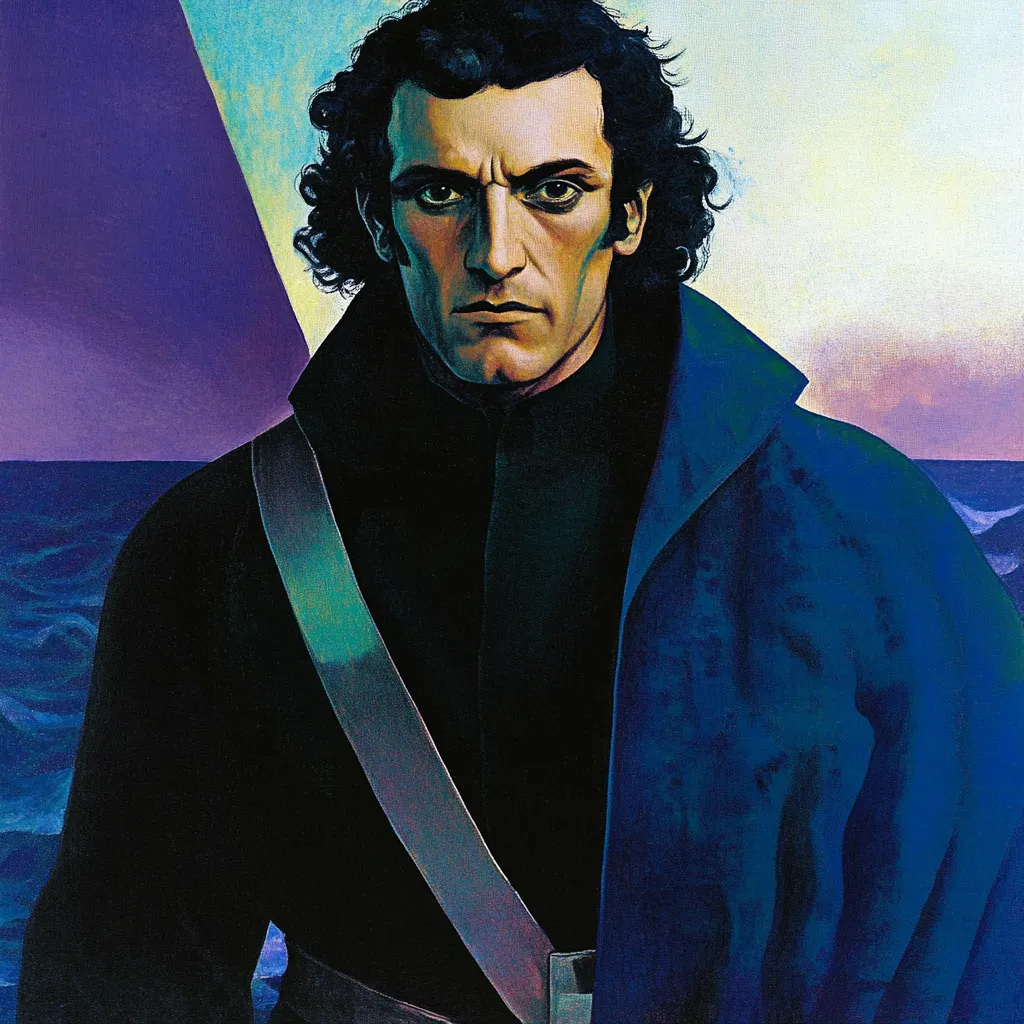 Hombre de cabello oscuro rizado y ceño fruncido, con abrigo azul oscuro y una correa cruzada al pecho, de pie ante un mar oscuro bajo un cielo violeta con un haz de luz triangular.