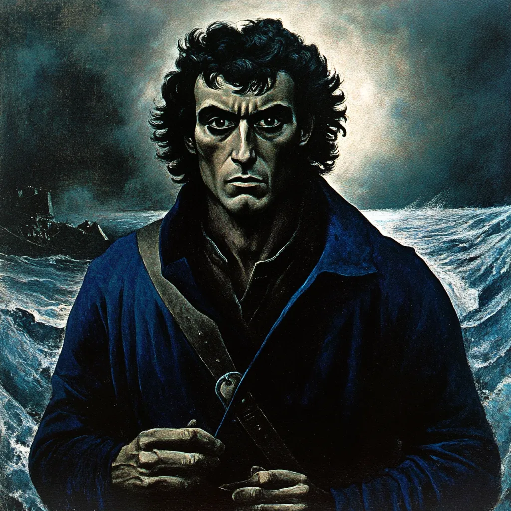 Hombre de cabello oscuro rizado y expresión seria, sostiene un objeto delgado entre las manos entrelazadas frente al pecho, con abrigo azul y correa cruzada; detrás, un barco y un mar agitado bajo un cielo oscuro.