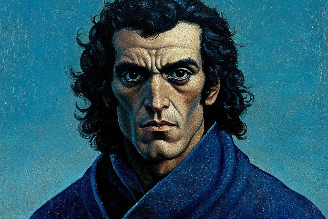 Retrato de hombre de cabello oscuro rizado y ceño fruncido, con el cuello envuelto en tela azul oscura, sobre un fondo azul liso.