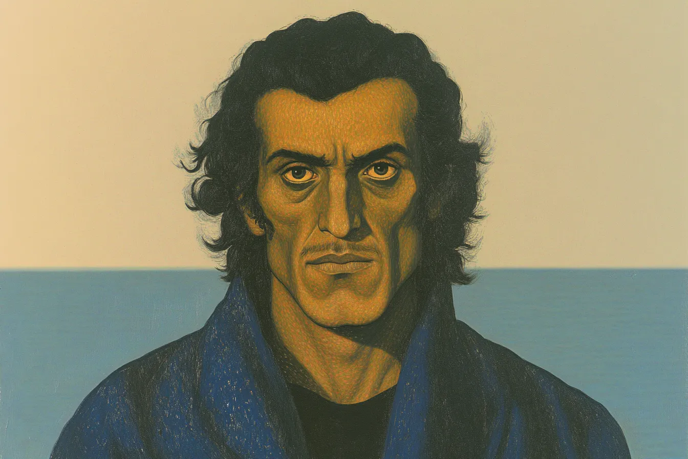 Retrato de hombre de cabello oscuro rizado y expresión seria, con abrigo azul, sobre fondo color arena dividido por una franja azul de mar a la altura de los hombros.