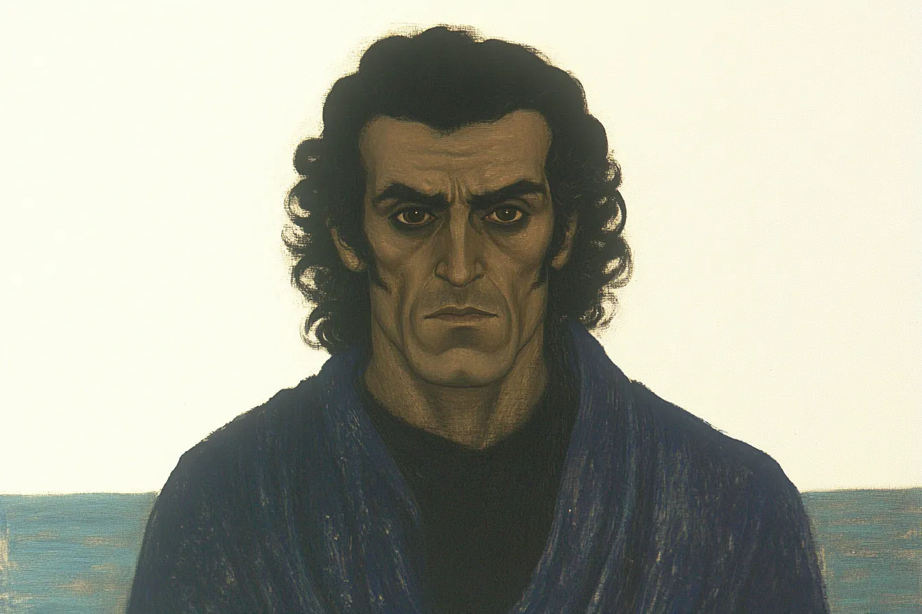 Retrato de hombre de cabello oscuro rizado, ceño fruncido y abrigo azul, sobre un fondo liso color arena claro.