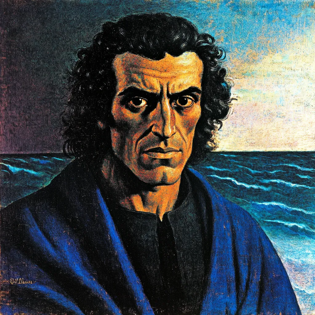 Retrato pintado de hombre de cabello oscuro rizado con abrigo azul, ante un mar oscuro y un cielo dividido entre tonos dorados y sombras violáceas.