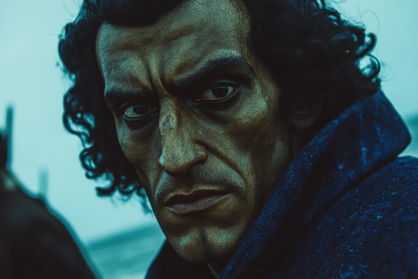 Primer plano de un rostro masculino con expresión adusta y una mancha oscura en la mejilla, cabello oscuro rizado, sobre fondo verde azulado tormentoso con un mástil de barco visible al borde.