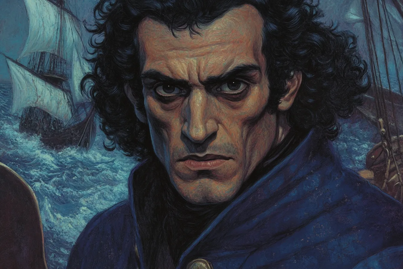 Primer plano de hombre de cabello oscuro rizado y mirada fija, con dos barcos de vela visibles a ambos lados en un mar nocturno azul.