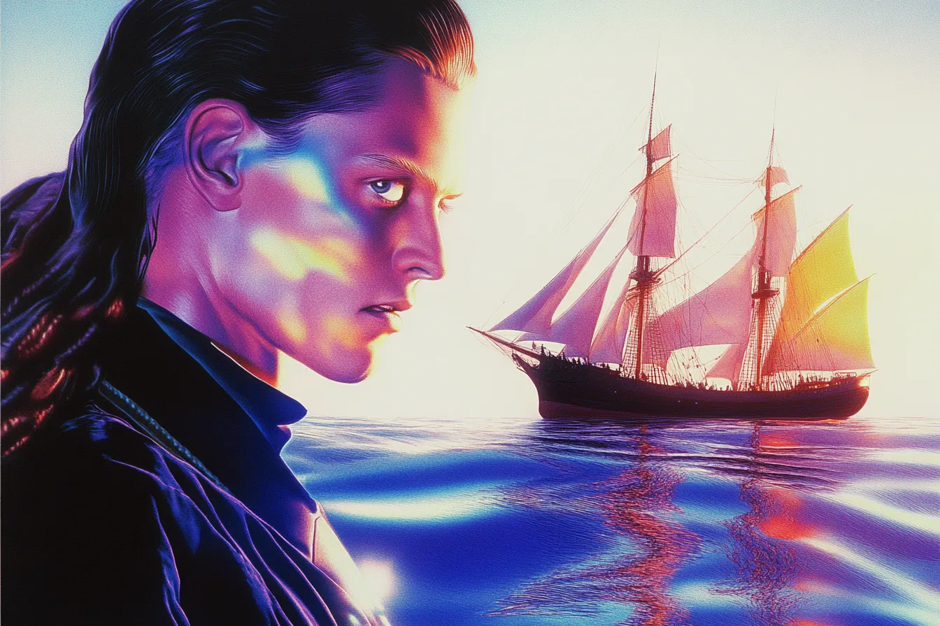 Perfil de una persona con reflejos de luz multicolor sobre el rostro y cabello oscuro largo, con un velero de velas doradas navegando en un mar en calma al atardecer.