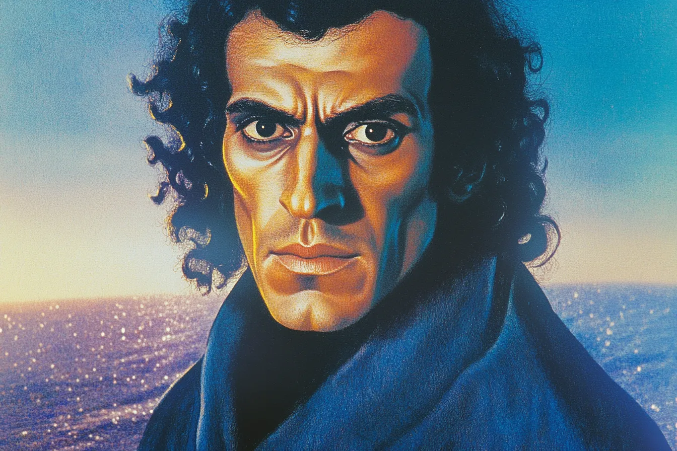 Primer plano de hombre de cabello oscuro rizado y expresión seria, con una barra de madera horizontal detrás del cuello y el mar al fondo en tonos grises azulados.