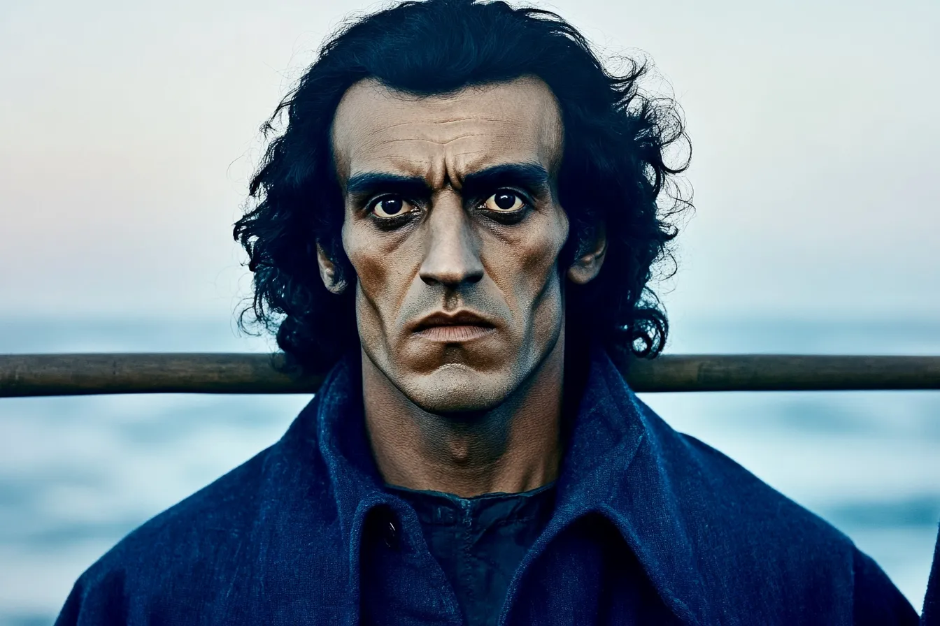 Retrato de hombre de cabello oscuro rizado y ceño fruncido, con abrigo azul, frente a un edificio de piedra con arcos y techo de teja bajo luz diurna.
