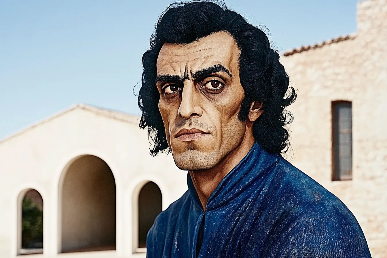Retrato de hombre de cabello oscuro rizado y mirada intensa, bañado en luz dorada, con el mar en calma al fondo.