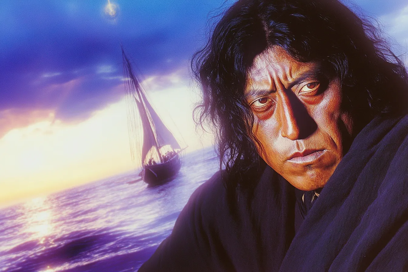 Retrato de hombre de cabello oscuro rizado con el rostro iluminado en dos tonalidades, cálida y fría, con el mar en calma al fondo.
