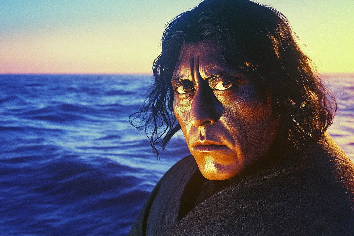 Primer plano de hombre de cabello oscuro rizado con tono de piel azulado, mirada seria y mar en calma al fondo bajo luz de atardecer.