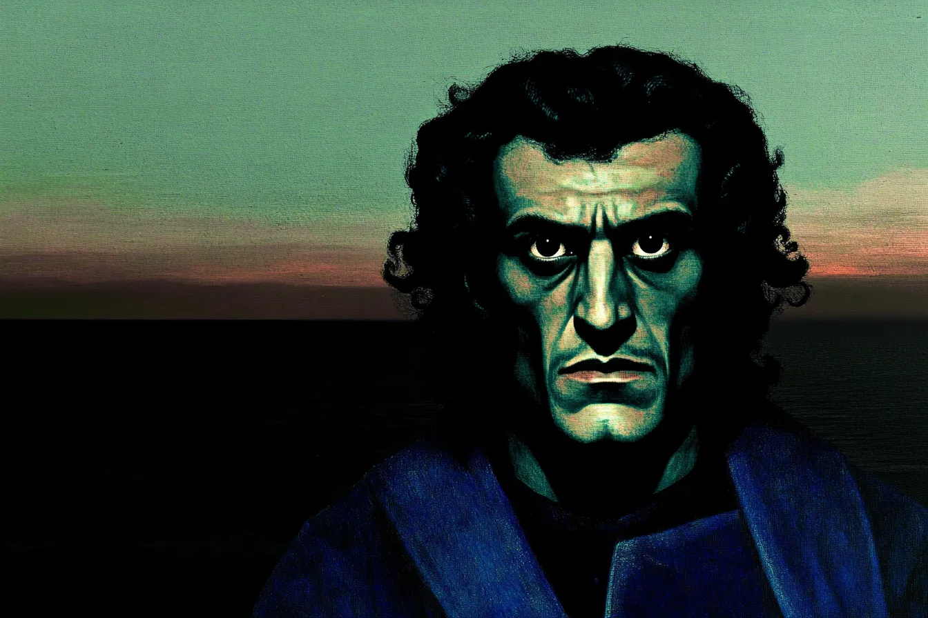 Retrato pintado de hombre de cabello oscuro rizado y ojos claros y brillantes, sobre un cielo en degradado de verde a naranja en el horizonte.
