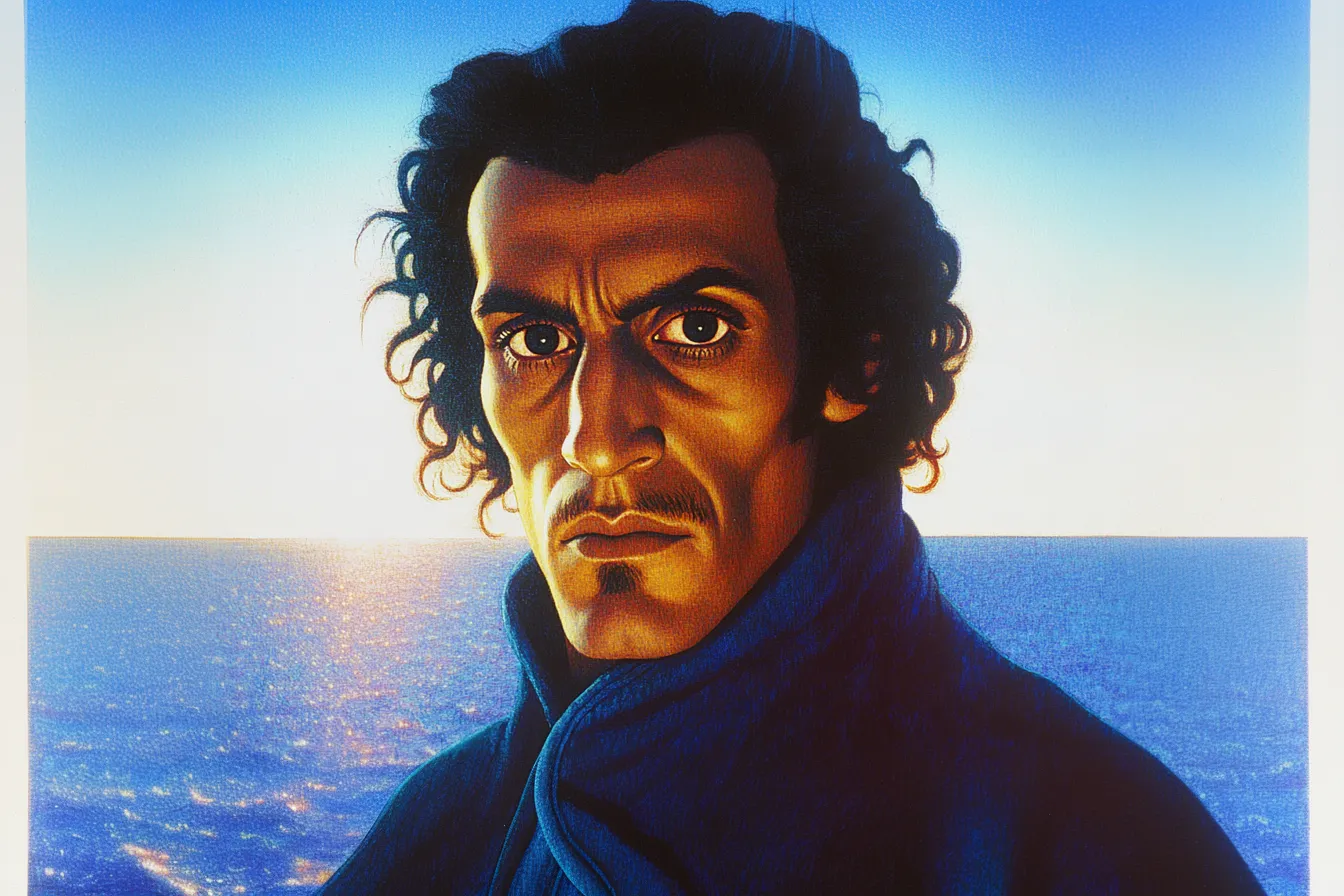 Retrato de hombre de cabello oscuro rizado y ceño fruncido, con abrigo azul, bajo un cielo despejado y mar en calma en un día soleado.