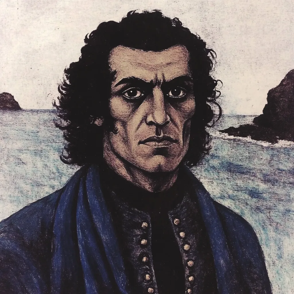 Retrato pintado de hombre de cabello oscuro rizado, con chaqueta oscura de botones metálicos, ante una costa rocosa y mar en tonos apagados.