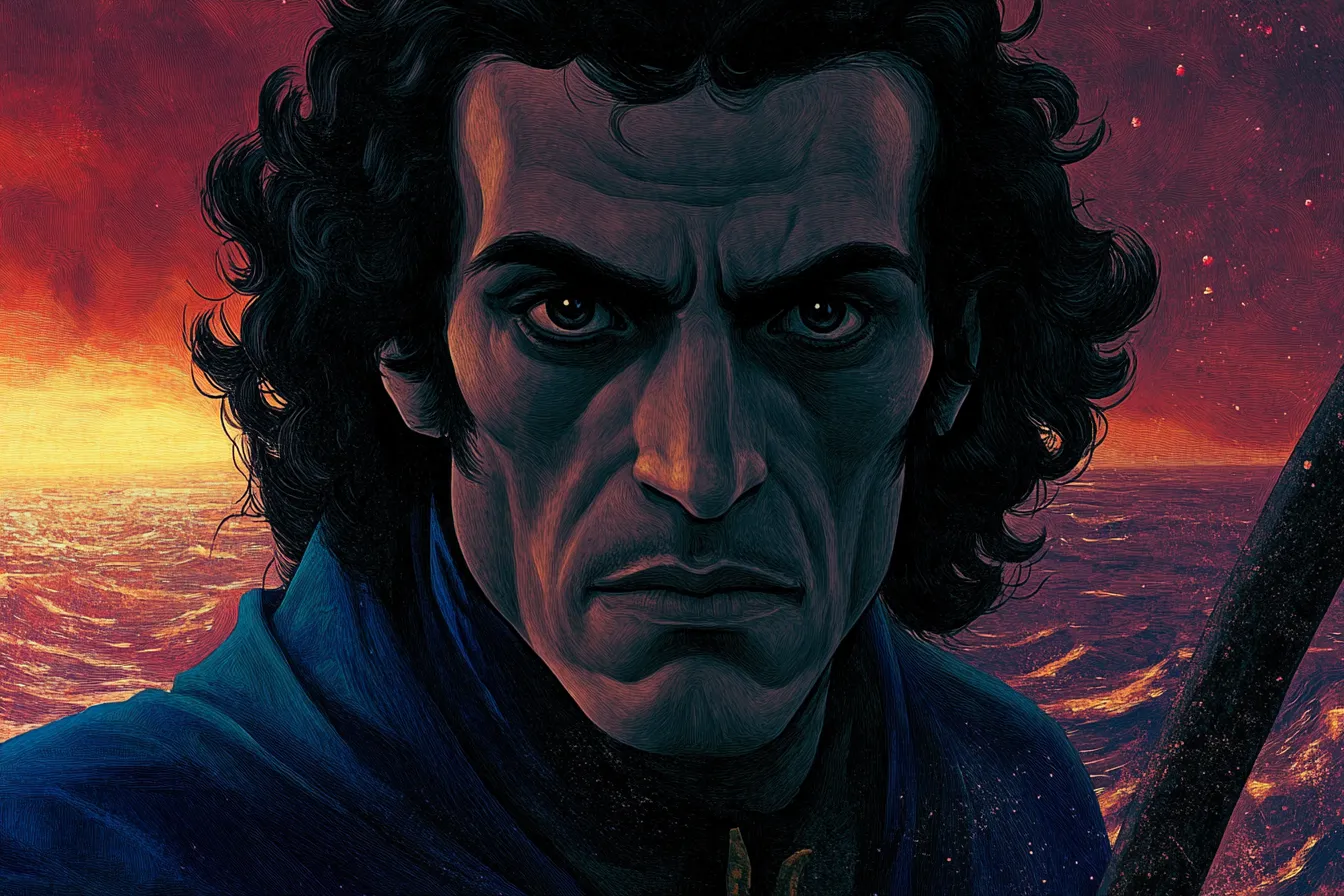Retrato de hombre de cabello oscuro rizado y rostro en sombra azulada, con un cielo rojo anaranjado ardiente en el horizonte y un mástil visible al borde.