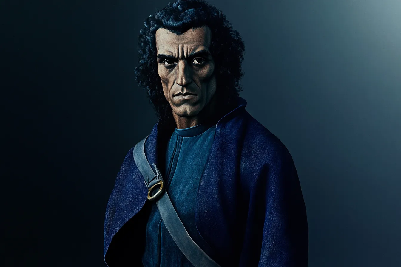 Retrato de hombre de cabello oscuro rizado con una correa cruzada al pecho, iluminado por un único foco de luz contra un fondo oscuro.