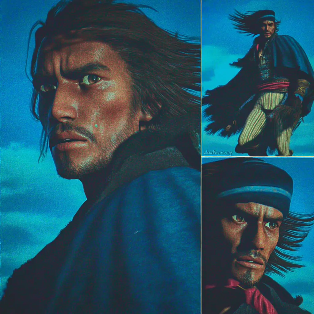 Collage de tres imágenes del mismo hombre de cabello oscuro ondulado con atuendo de marinero, en distintos planos y posturas, sobre fondo azul verdoso.