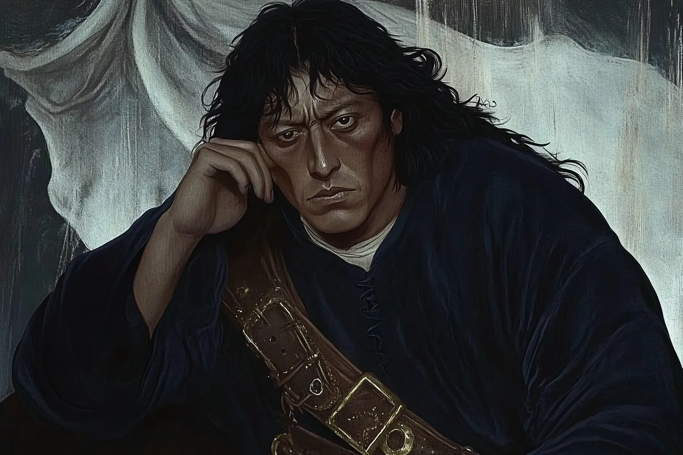 Retrato pintado de hombre de cabello oscuro largo, apoyado sobre un brazo con la mano cerca del rostro, con un cinturón ancho de hebilla, ante una cortina blanca de fondo.