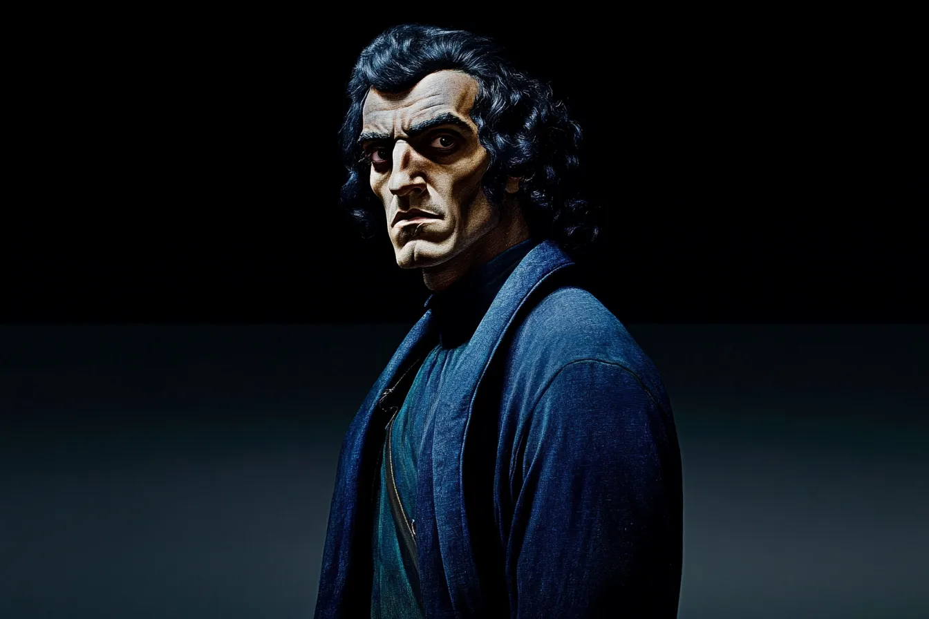 Retrato de un hombre de cabello oscuro y rizado con el rostro pálido e iluminado, vestido con una bata azul oscuro, sobre un fondo negro.