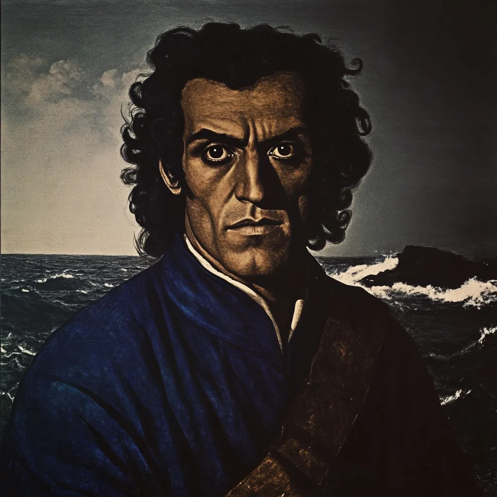 Retrato pintado de un hombre de cabello oscuro y rizado con capa azul, frente a un mar agitado con rocas y cielo nublado.