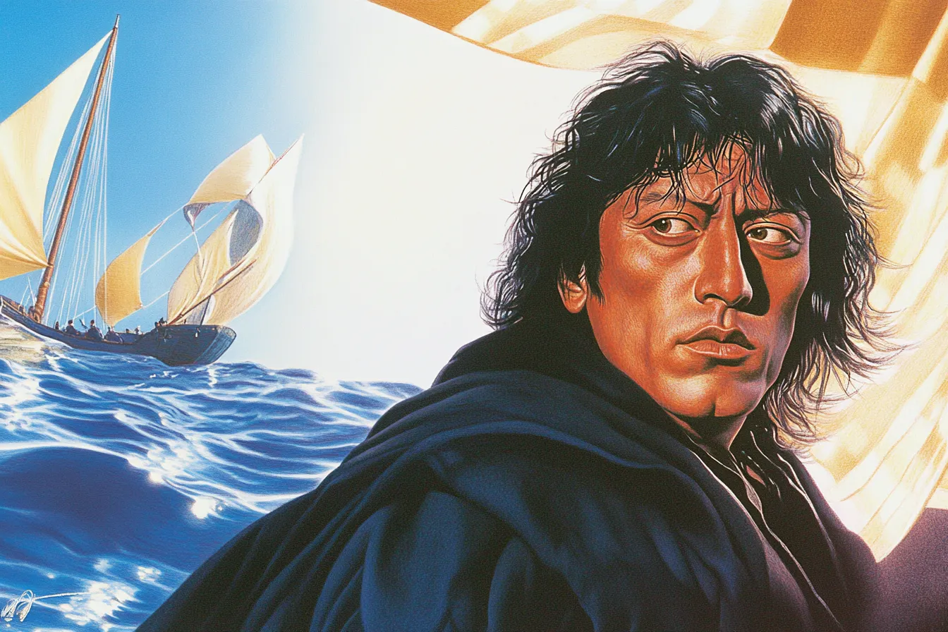Ilustración de un hombre de cabello oscuro con un manto oscuro sobre los hombros, iluminado por luz dorada, con un velero navegando en el mar al fondo.