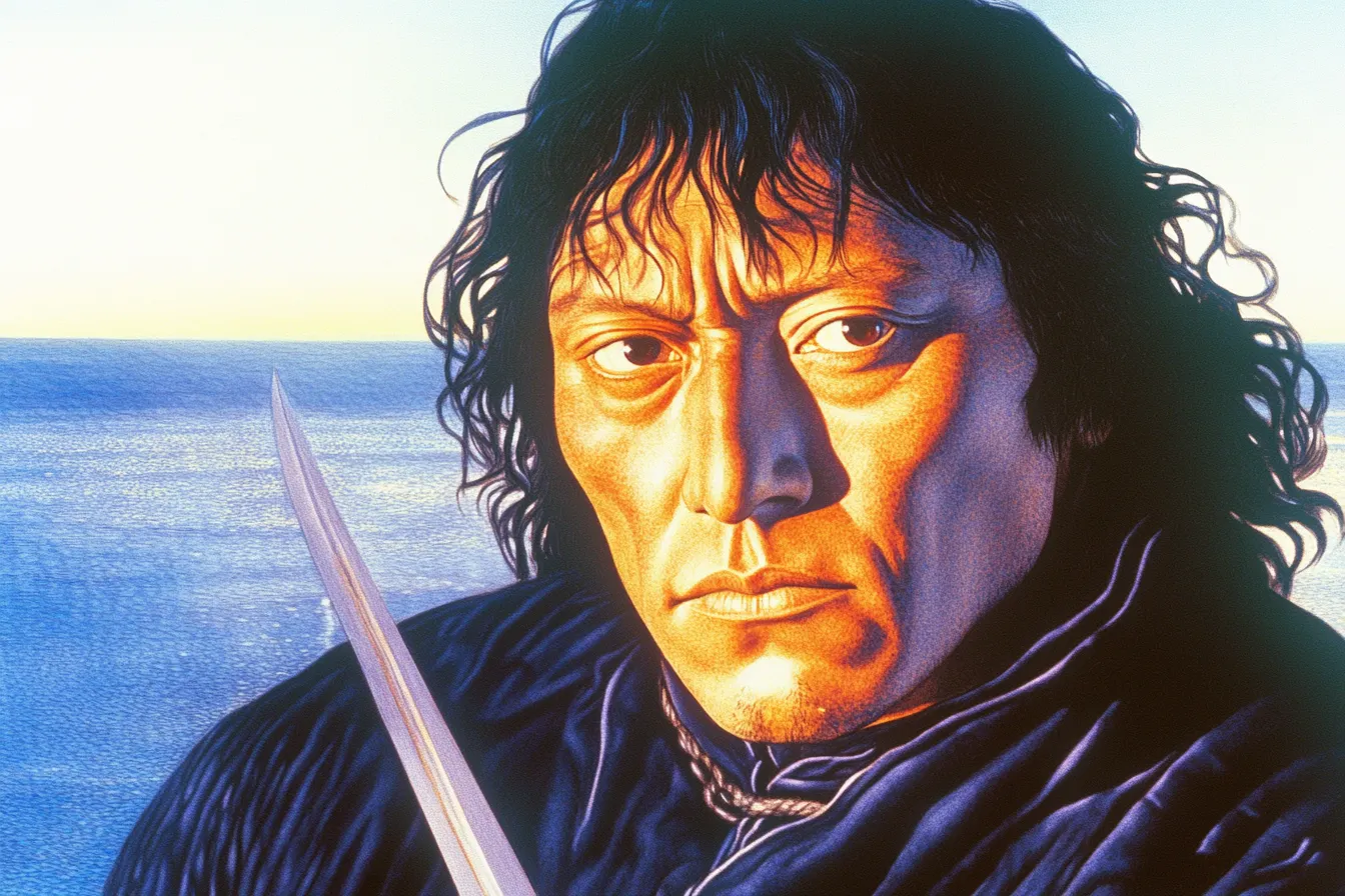 Retrato ilustrado en primer plano de un hombre de cabello oscuro y rizado sosteniendo un cuchillo cerca del pecho, con el mar al fondo bajo luz cálida.