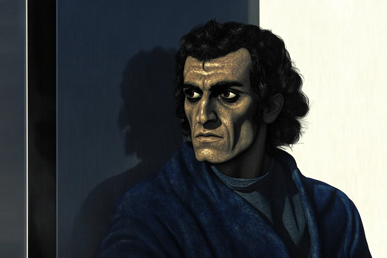 Retrato de un hombre de cabello oscuro vestido con una chaqueta azul oscuro, iluminado de lado junto a una pared clara, con una sombra alargada detrás de él.