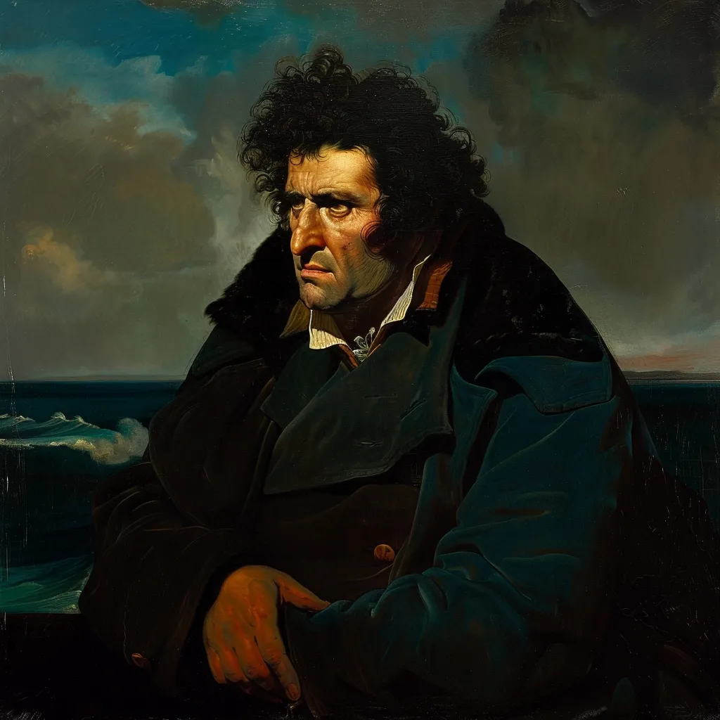Pintura de un hombre de cabello oscuro y rizado, vestido con abrigo oscuro, con expresión seria y los brazos apoyados, frente a un mar agitado bajo un cielo nublado.