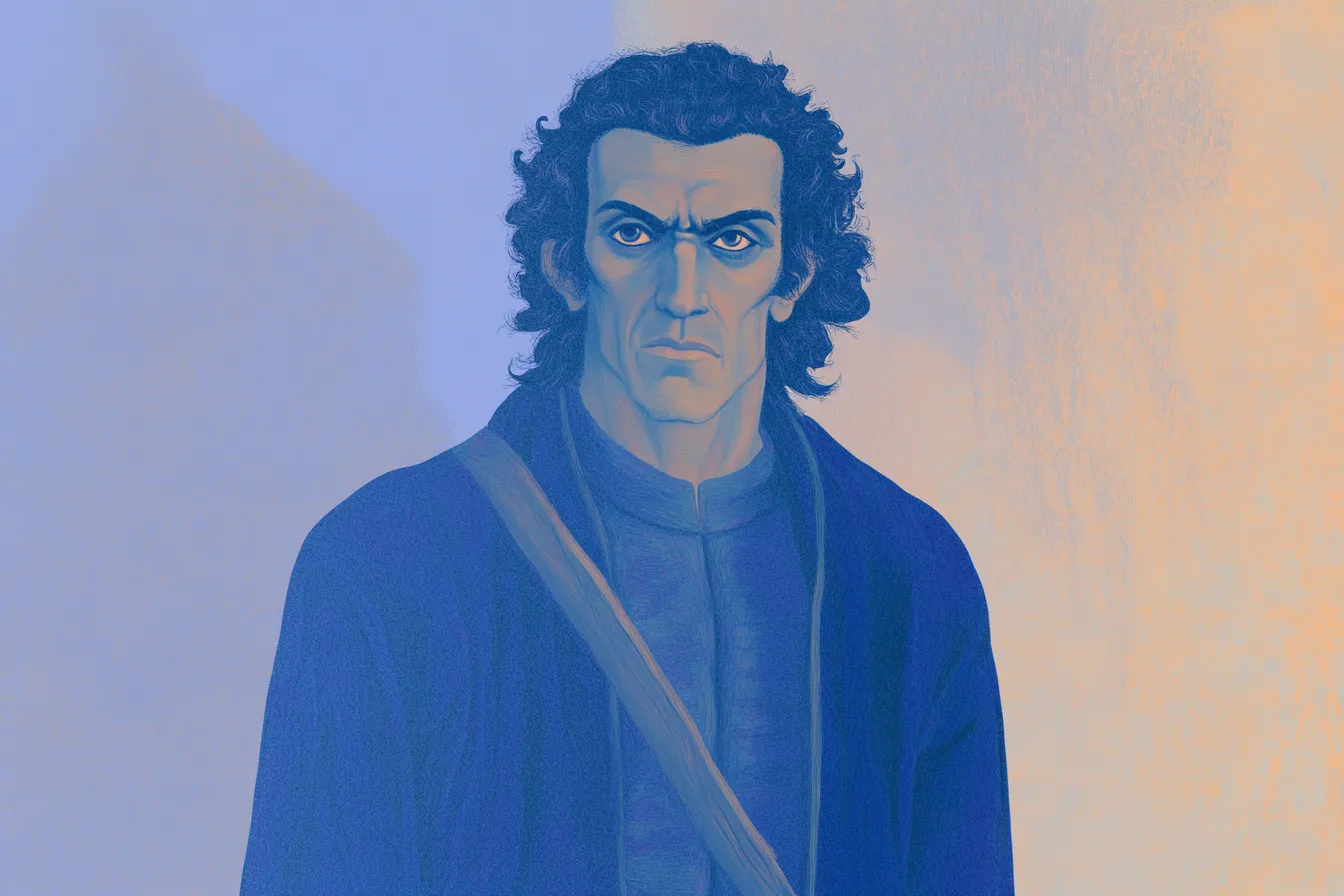 Ilustración de un hombre de cabello oscuro con abrigo azul y una correa cruzada al pecho, de pie sobre un fondo dividido en tonos azules y anaranjados.