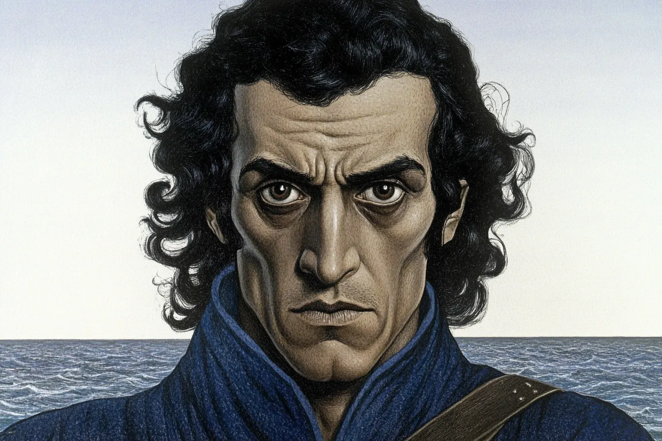 Retrato ilustrado en primer plano de un hombre de cabello oscuro y rizado con expresión seria, frente a un mar en calma bajo un cielo despejado.