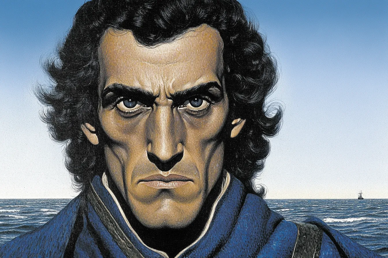 Retrato ilustrado en primer plano de un hombre de cabello oscuro y rizado, con un pequeño barco navegando en el mar al fondo.