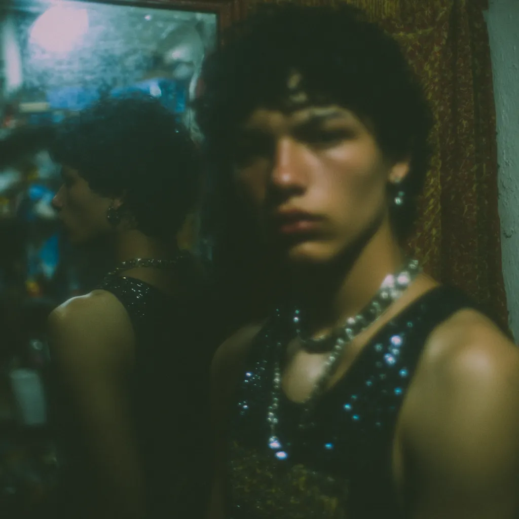 Retrato de una persona joven de cabello oscuro y rizado, con top oscuro con lentejuelas y varios collares, junto a un espejo que refleja la habitación en tonos verdosos.