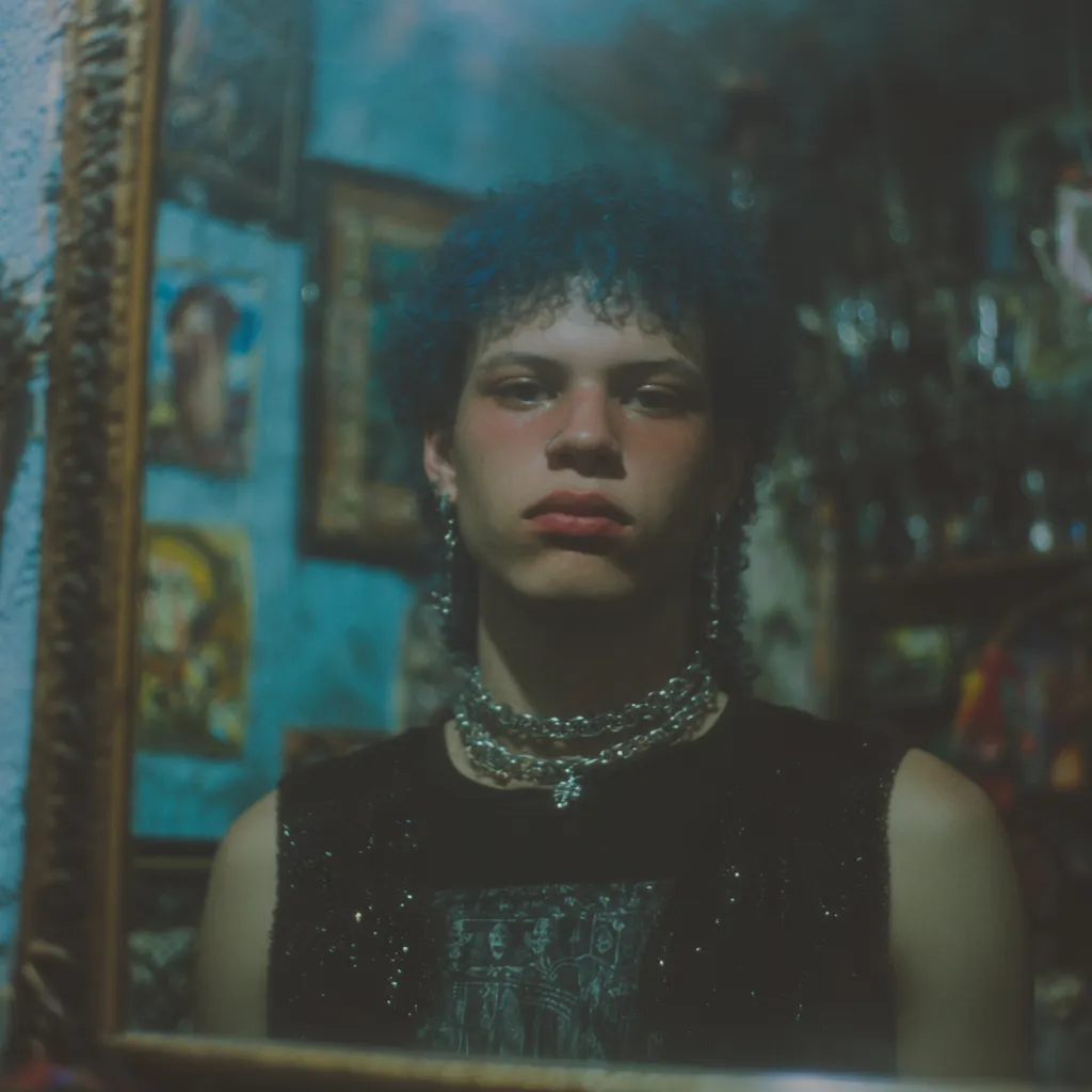 Retrato de una persona joven con el pelo teñido de azul y varios collares plateados, frente a una pared verde azulada con estampas religiosas.