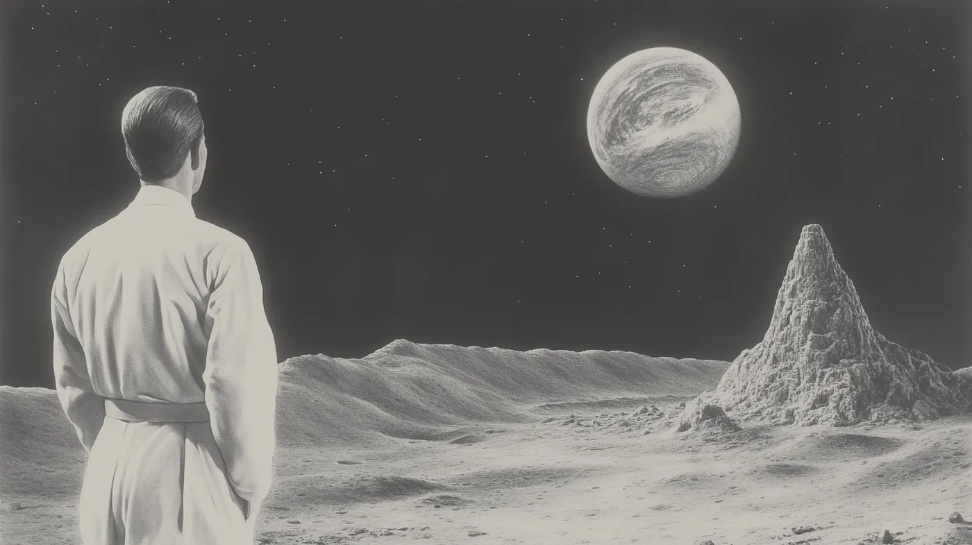 Ilustración en tonos grises de una persona vista de espaldas, con bata blanca, observando el planeta Tierra en el cielo desde la superficie de la Luna, junto a una montaña rocosa.