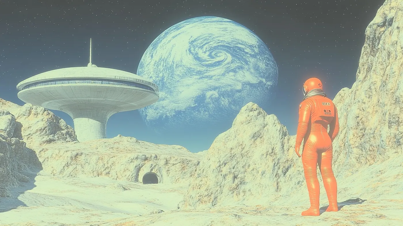 Renderizado de un astronauta con traje naranja de pie sobre un terreno rocoso, frente a una estructura futurista en forma de platillo y el planeta Tierra visible en el cielo.